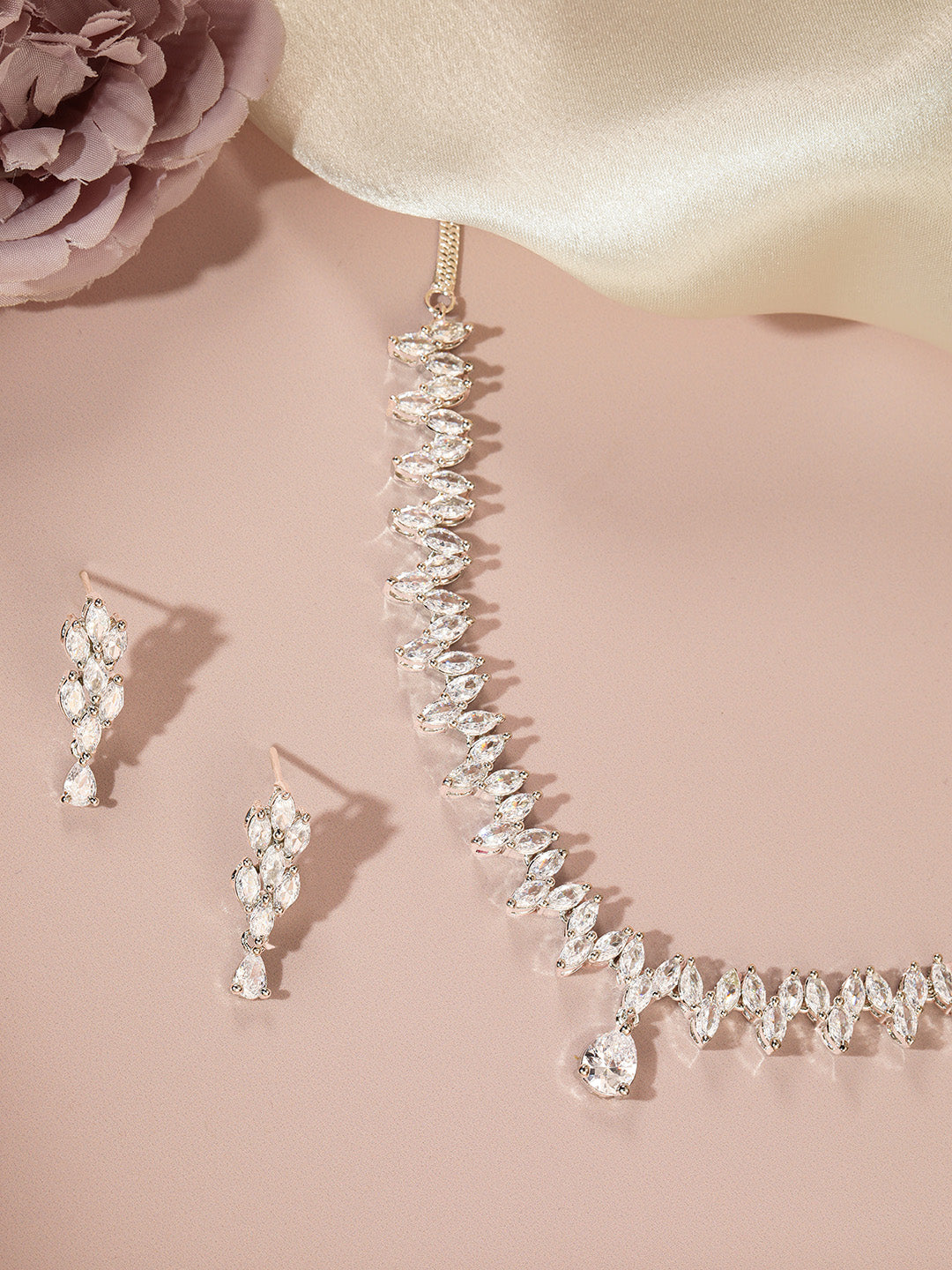 Glamorous Silver-Plated American Diamond CZ Shimmering Necklace & Earring Set