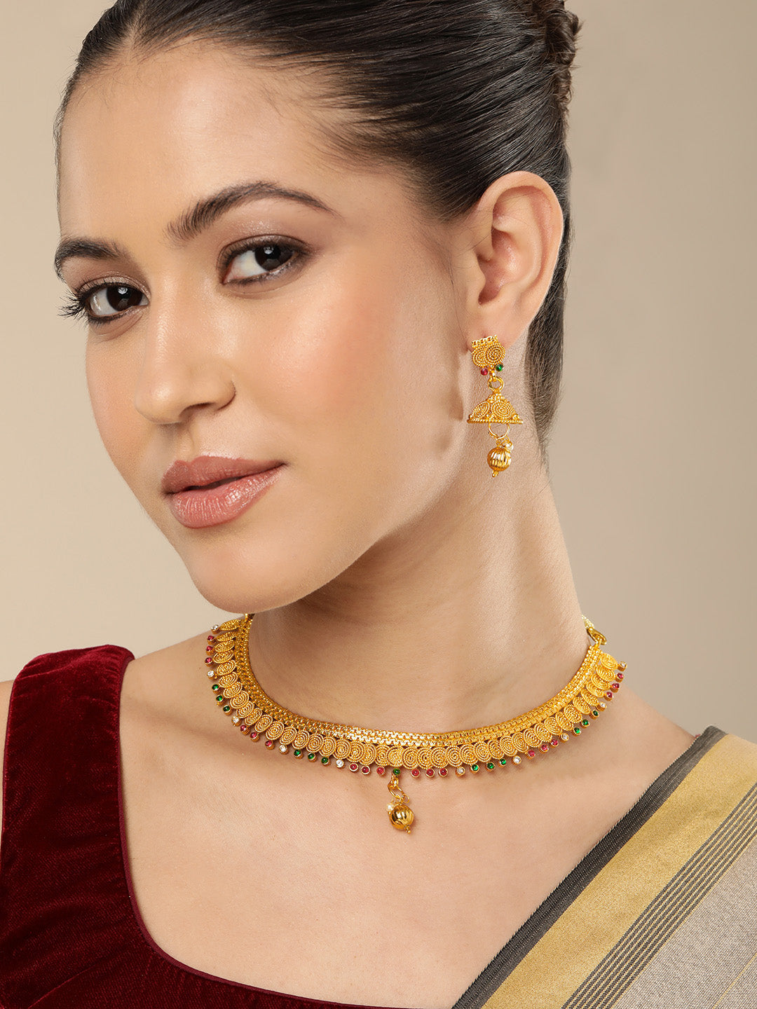 Regal Gold-Plated Red & Green Stone-Studded Necklace & Jhumki Set