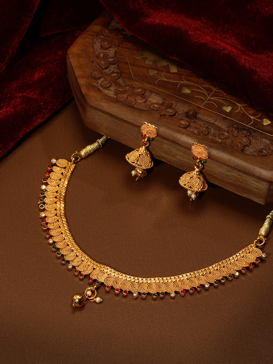 Regal Gold-Plated Red & Green Stone-Studded Necklace & Jhumki Set
