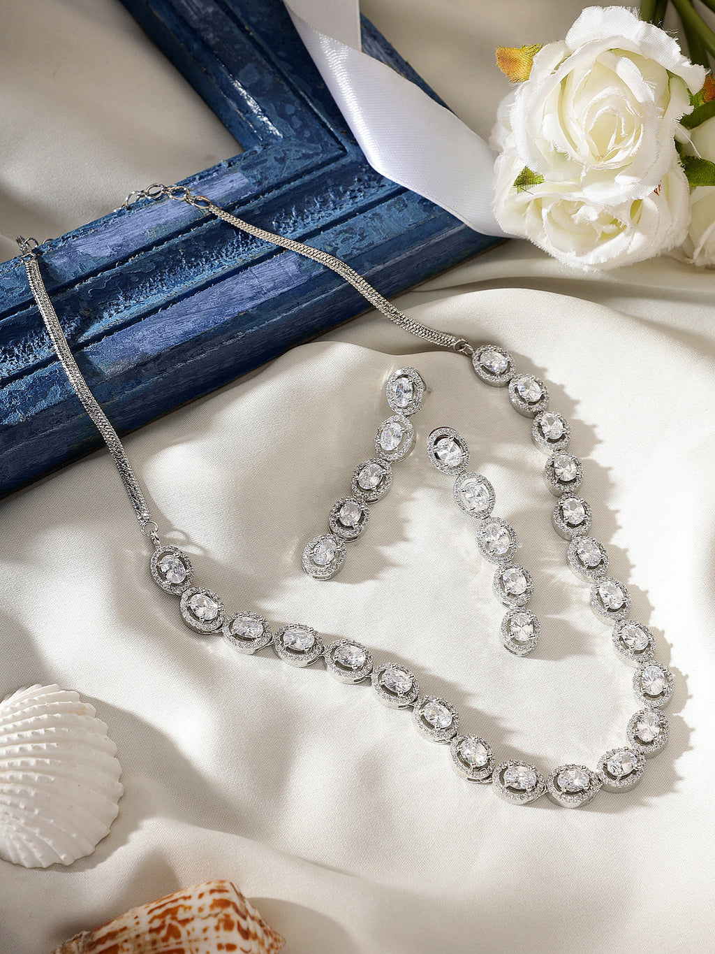 Glamorous Silver-Plated American Diamond-Studded Intricate Jewellery Set
