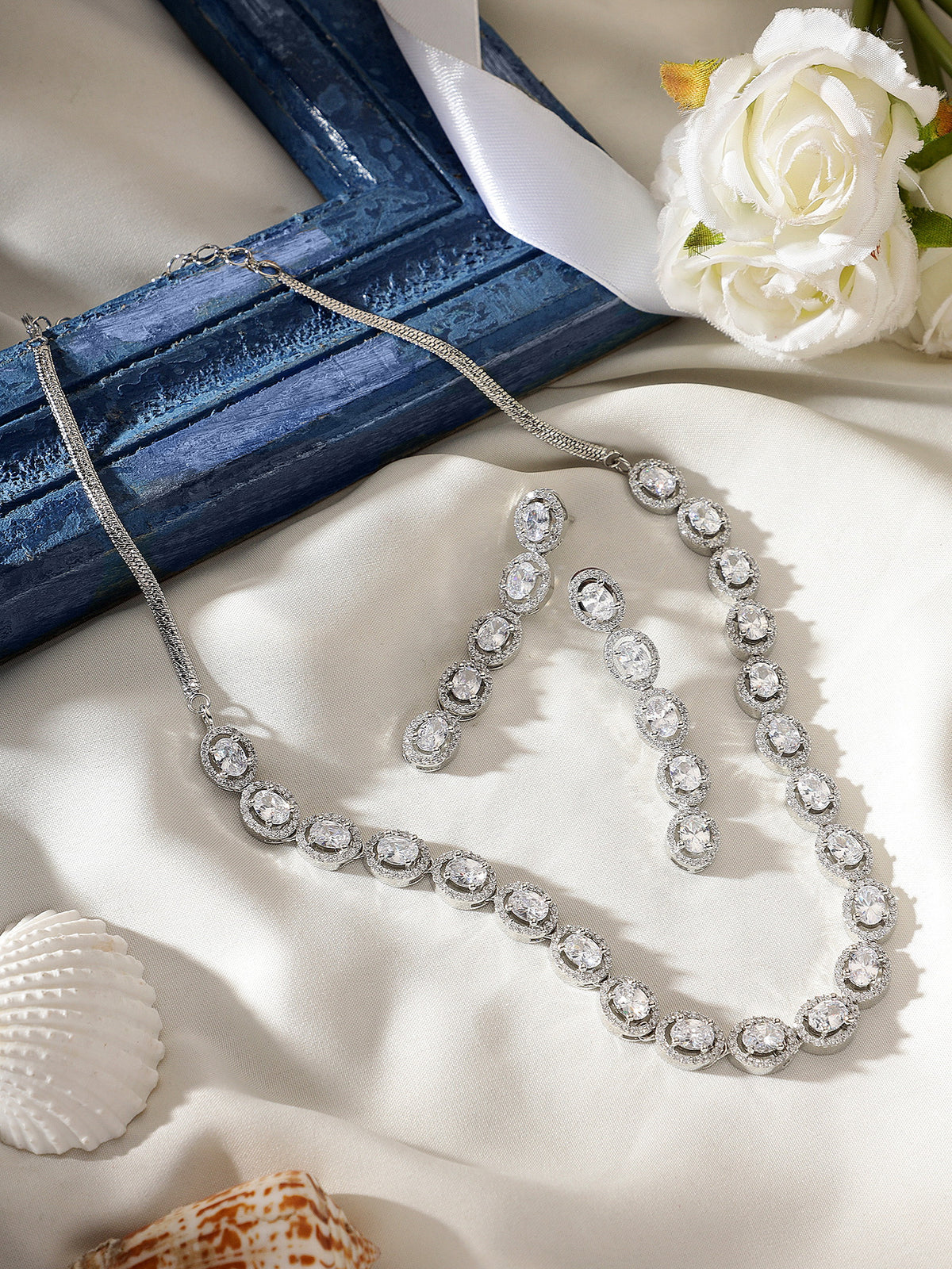 Glamorous Silver-Plated American Diamond-Studded Intricate Jewellery Set