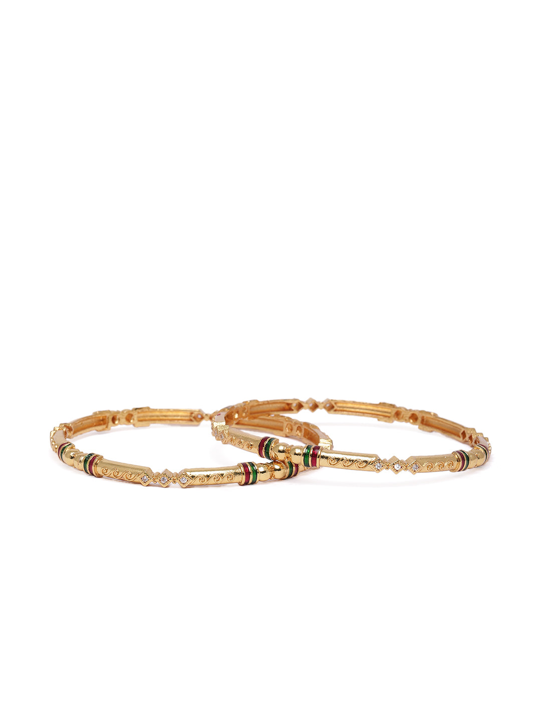 Sleek Gold-Plated CZ & Meenakari Accents Bangles (Set of 2)