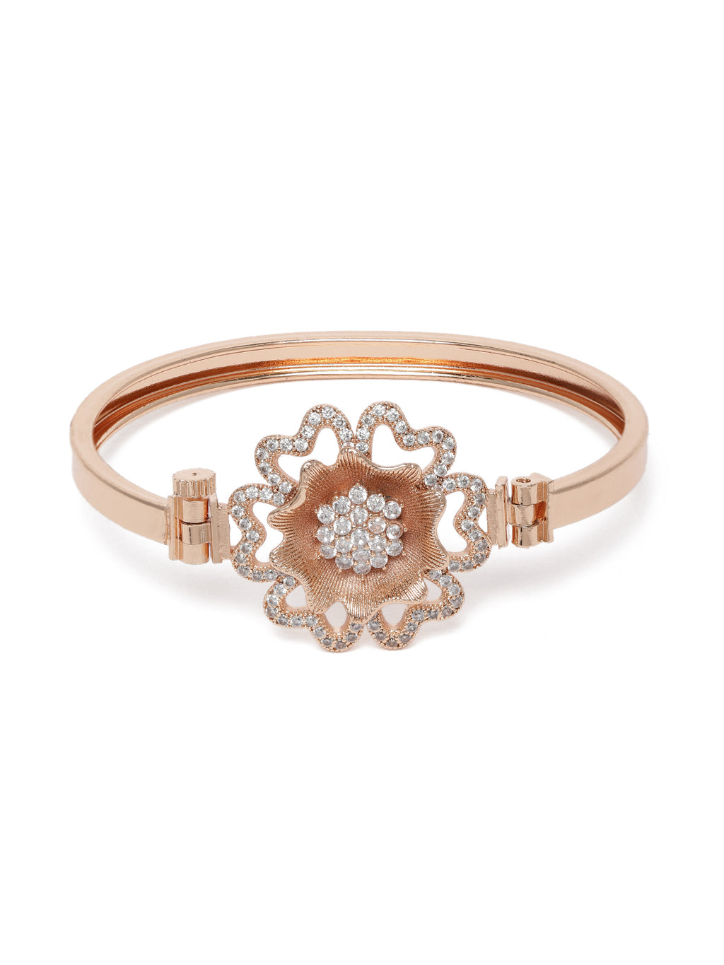 Elegant Rose Gold-Plated Brass Cubic Zirconia Statement Floral Bracelet
