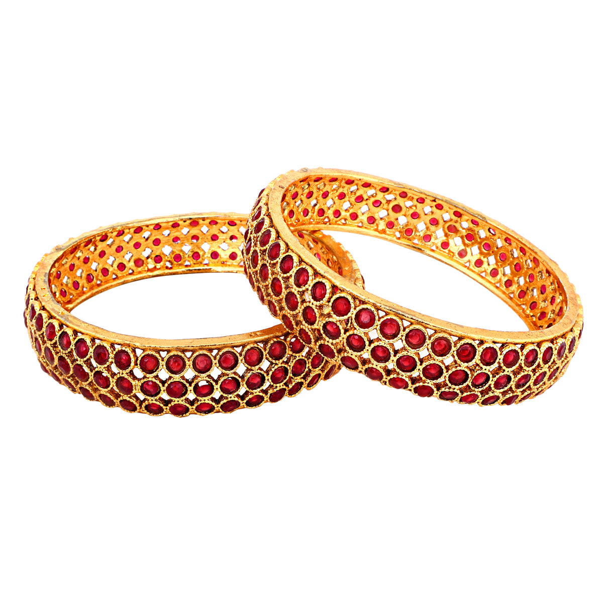 Classic Gold-Plated Ruby Stone Jaali Bangles (Set of 2)
