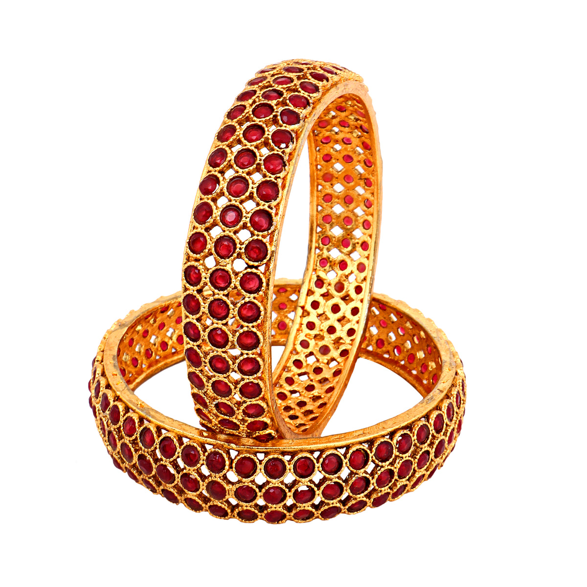 Classic Gold-Plated Ruby Stone Jaali Bangles (Set of 2)