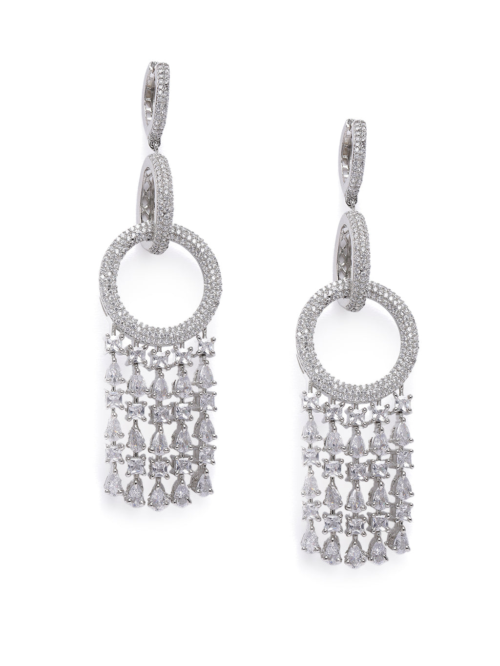 Glamorous Silver-Plated American Diamond CZ Linear Circular Drop Earrings