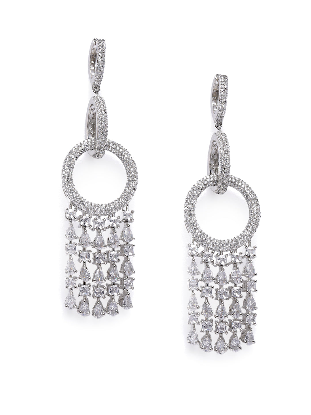 Glamorous Silver-Plated American Diamond CZ Linear Circular Drop Earrings