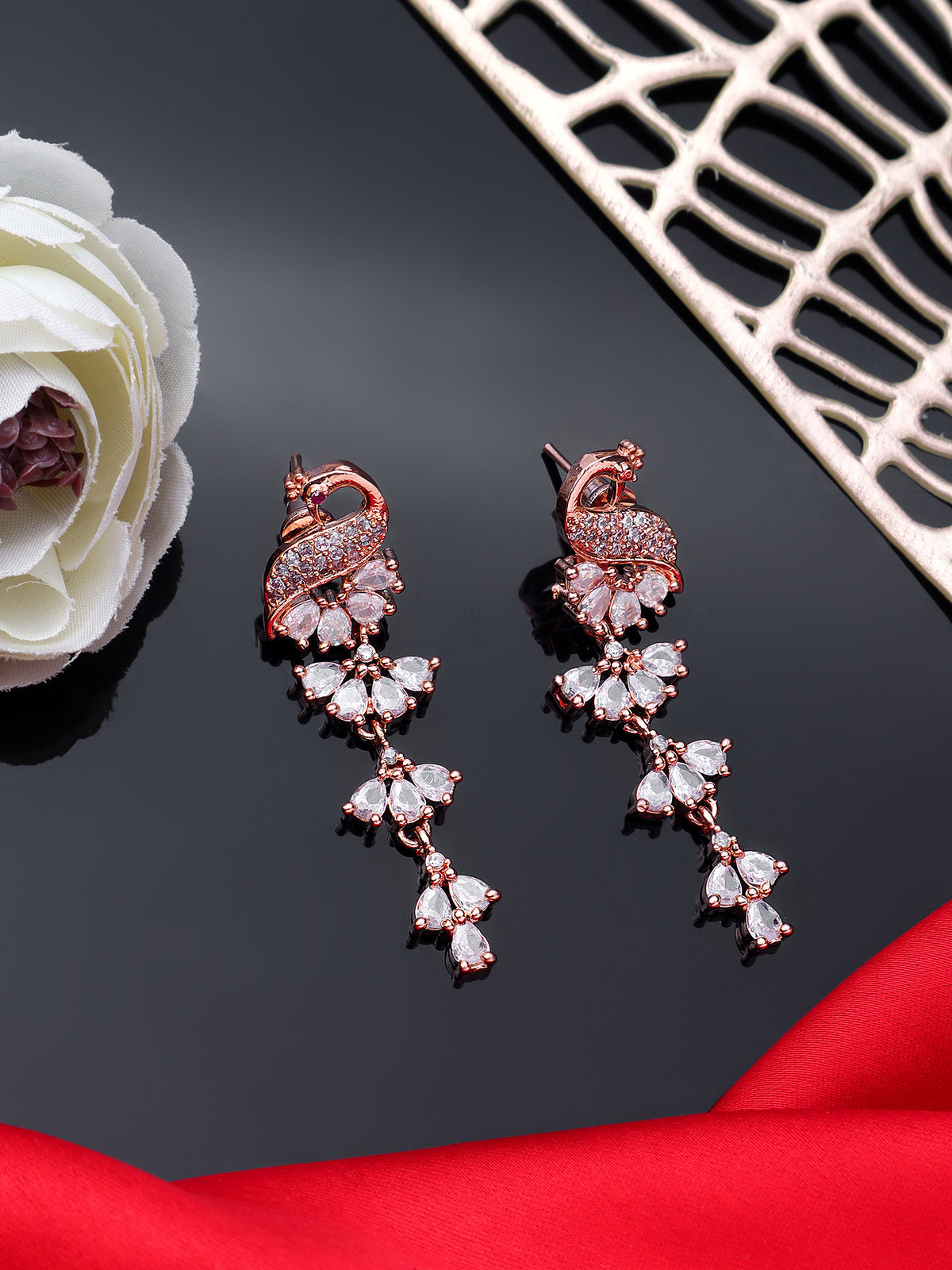 Enchanting Rose Gold-Plated CZ Peacock Shaped Drop Earrings