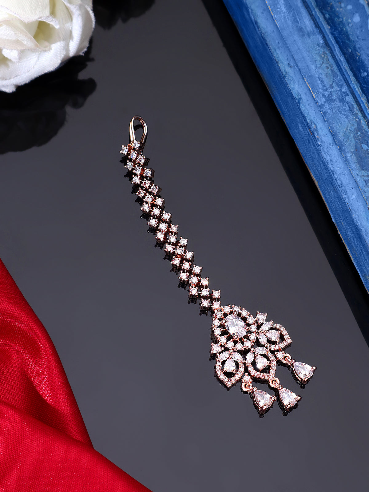 Glamorous Rose Gold-Plated American Diamond Maang Tikka