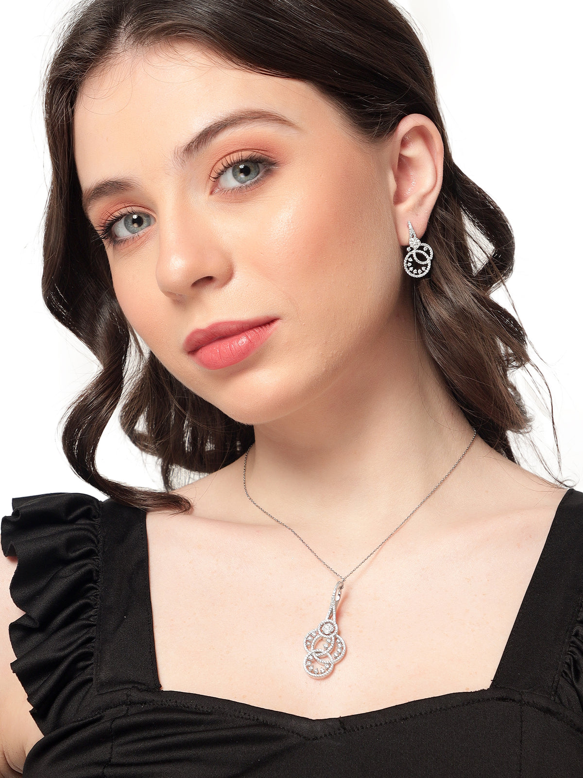 Glamorous Silver-Plated American Diamond CZ Interlocking Loop Pendant Set