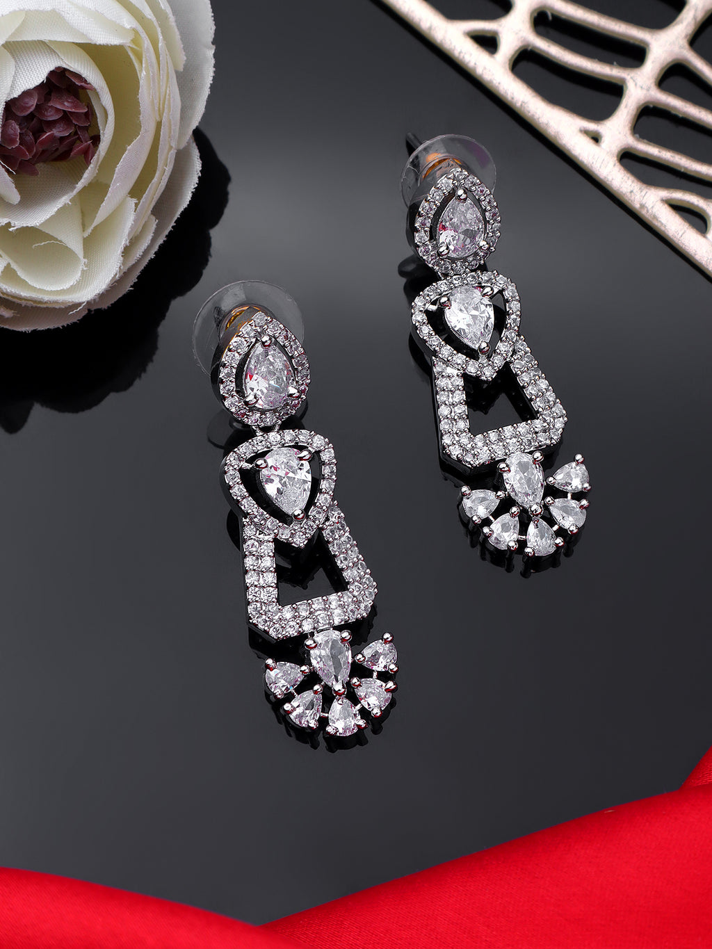 Glamorous Silver-Plated American Diamond Contemporary Drop Earrings