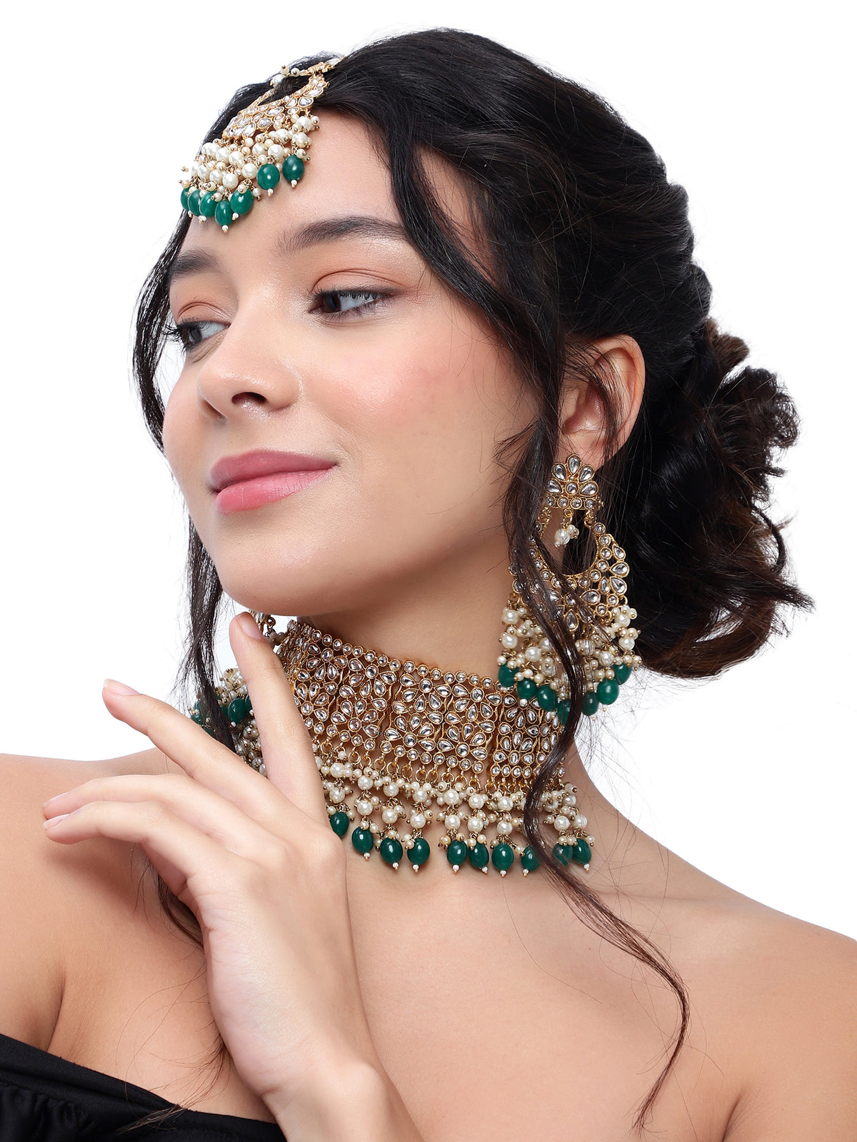 Regal Gold-Plated Kundan-Studded & Pearl Beaded Jewelry Set