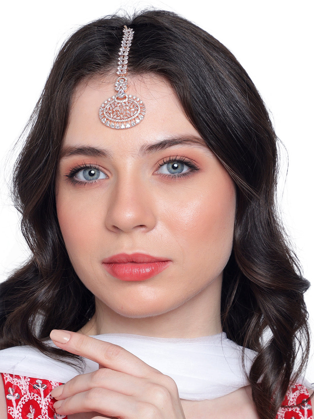 Glamorous Rose Gold-Plated American Diamond Oval Medallion Maang Tikka
