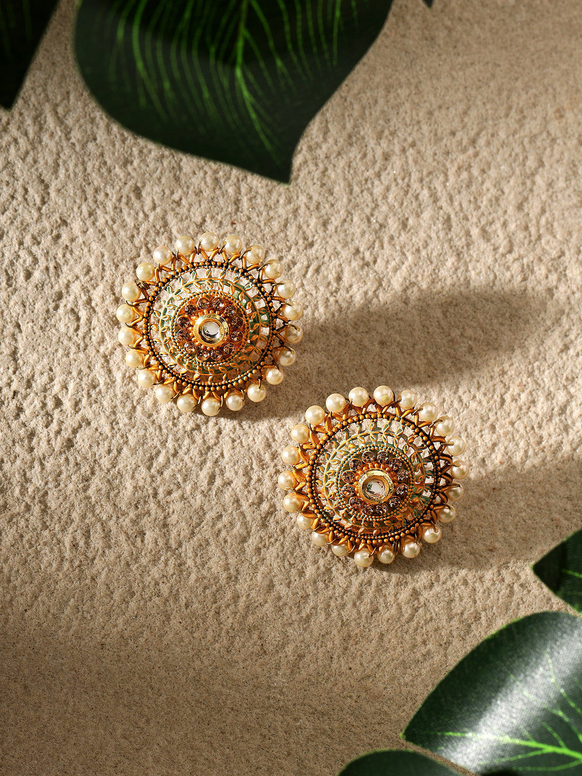Regal Gold-Plated Kundan & Faux-Pearl Beaded Classic Stud Earrings