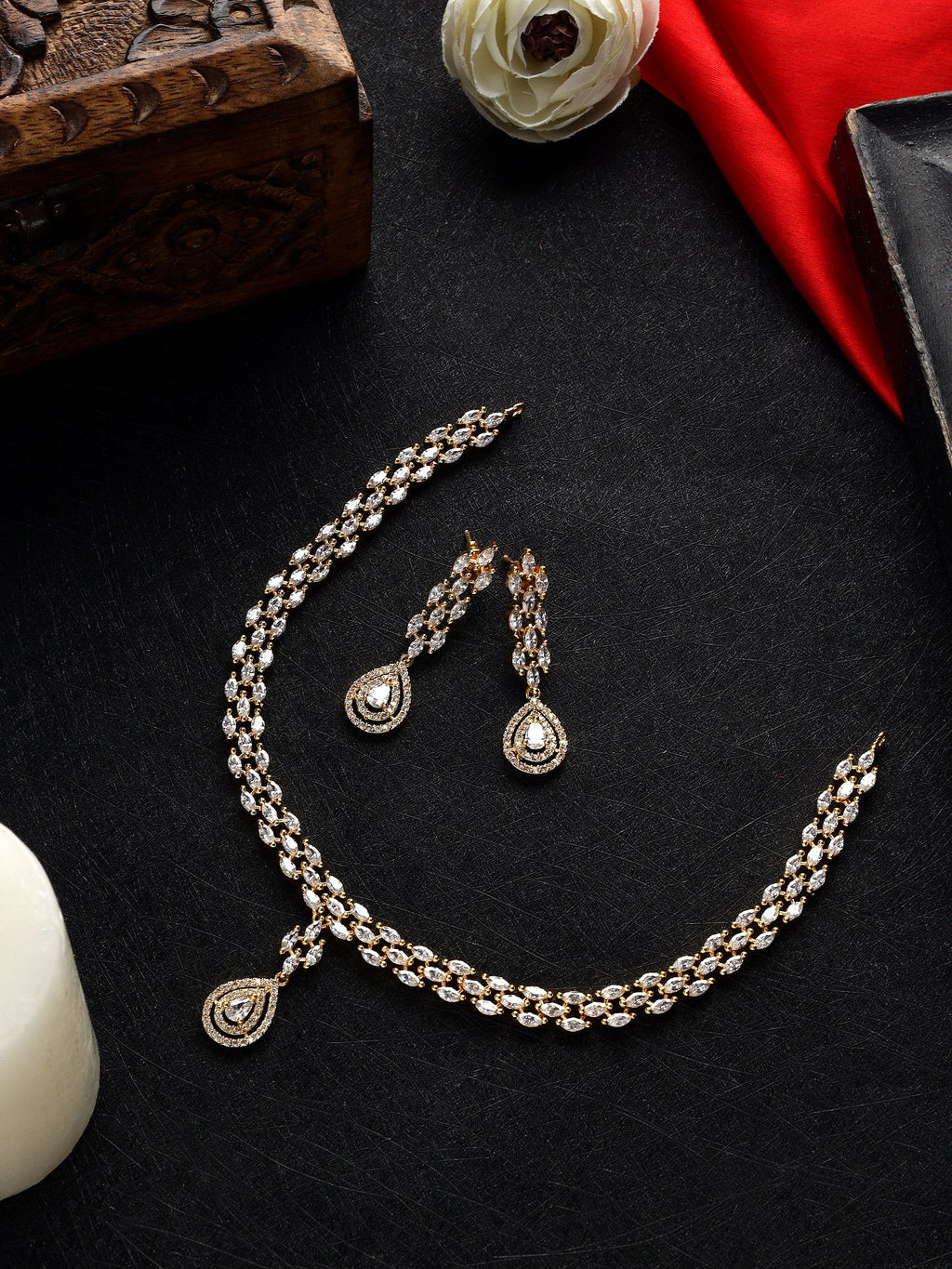 Glamorous Gold-Plated American Diamond-Studded Intricate Jewellery Set