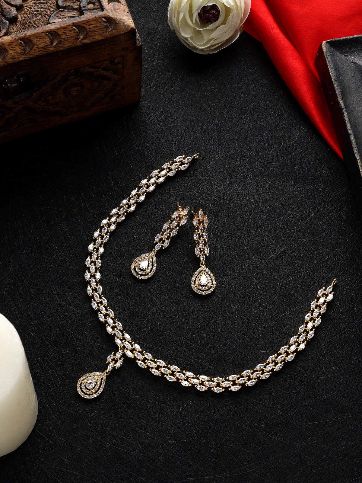 Glamorous Gold-Plated American Diamond-Studded Intricate Jewellery Set
