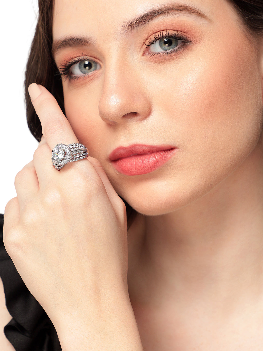 Glamorous Silver-Plated Faux Cubic Zirconia Intricate Statement Ring