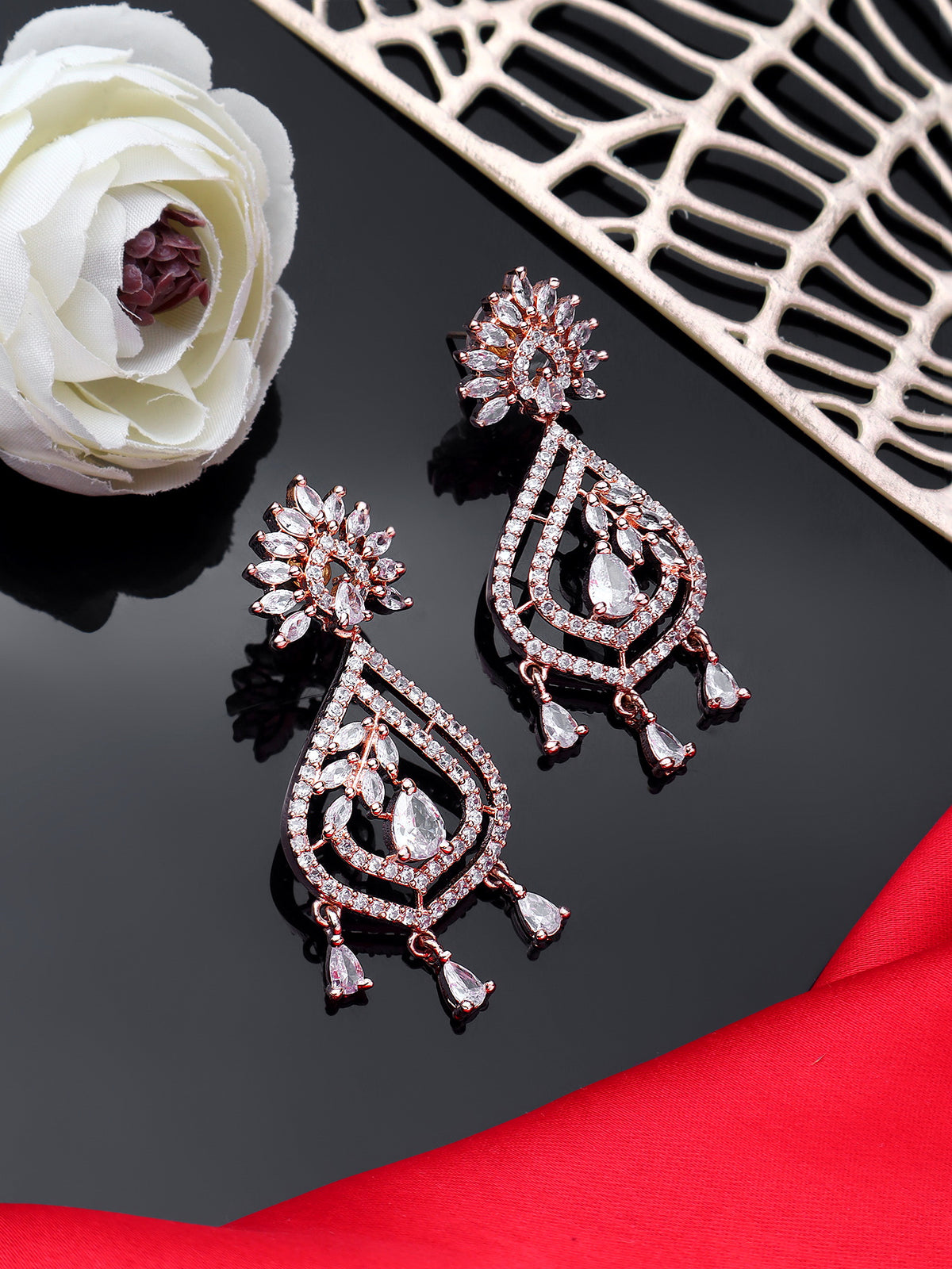 Rose Gold-Plated Intricate American Diamond Geometric Drop Earrings