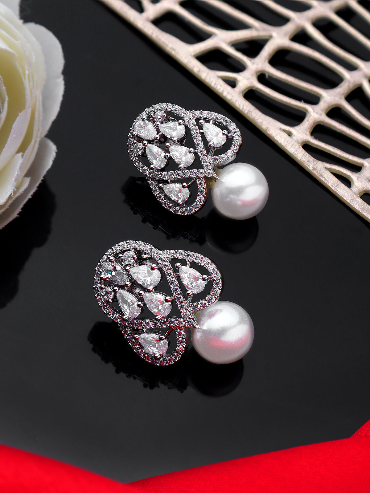 Glamorous Silver-Plated American Diamond Contemporary Halo Stud Earrings