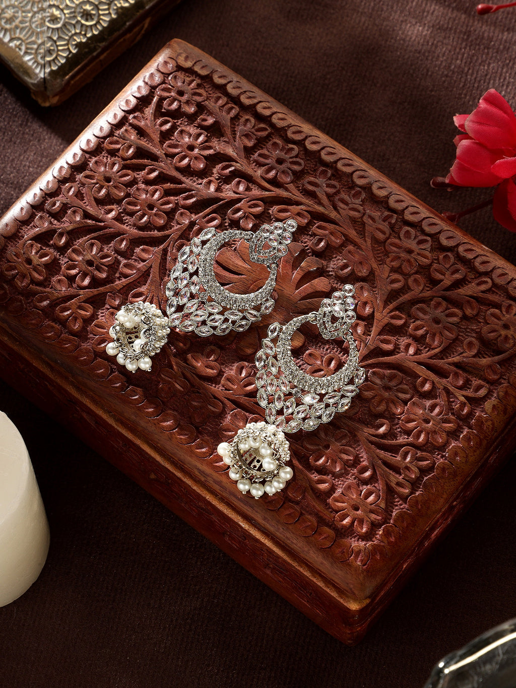 Elegant Silver-Plated Geometric American Diamond Drop Jhumkas