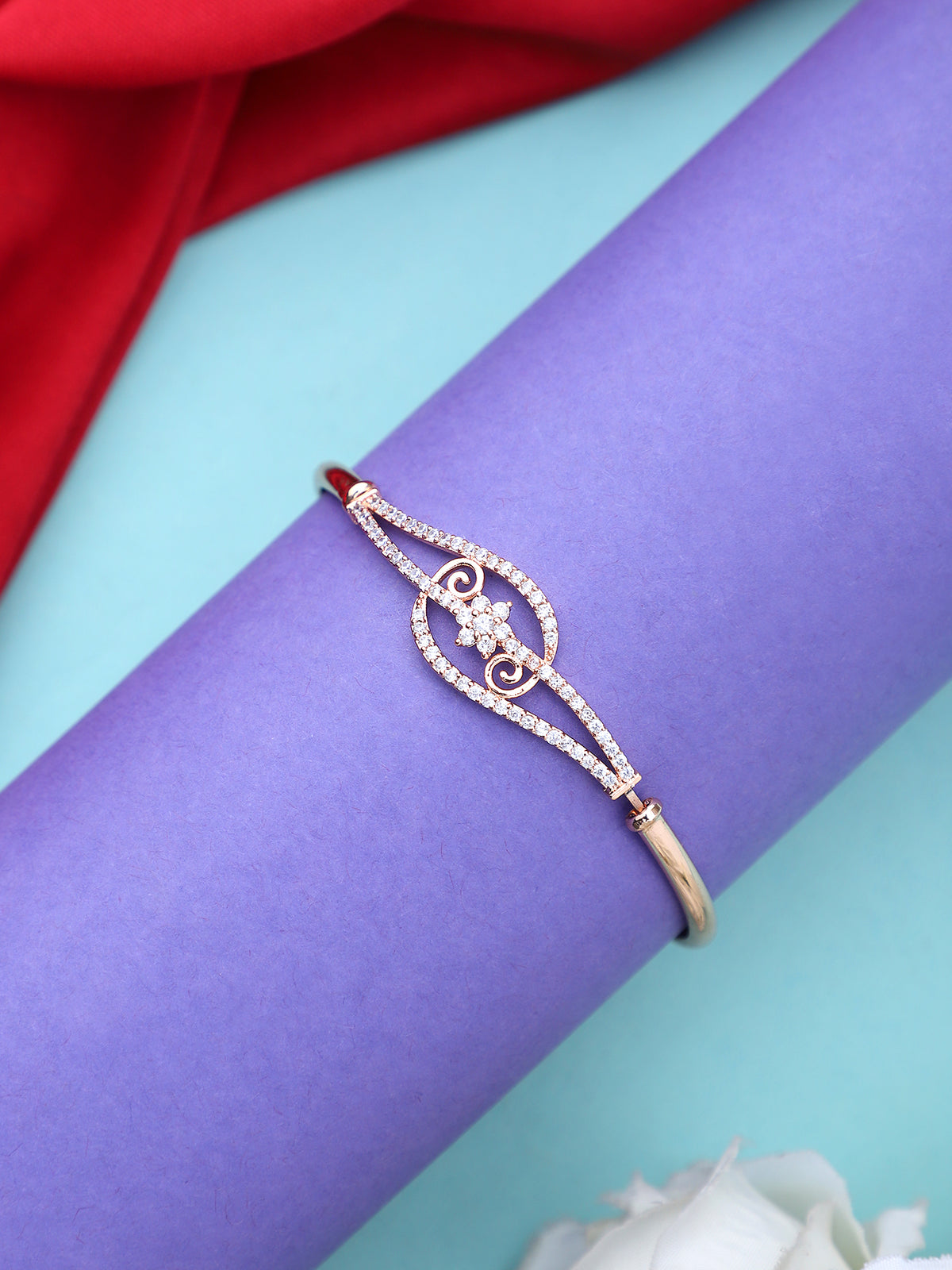 Elegant Rose Gold-Plated American Diamond & CZ Geometric Flower Bracelet