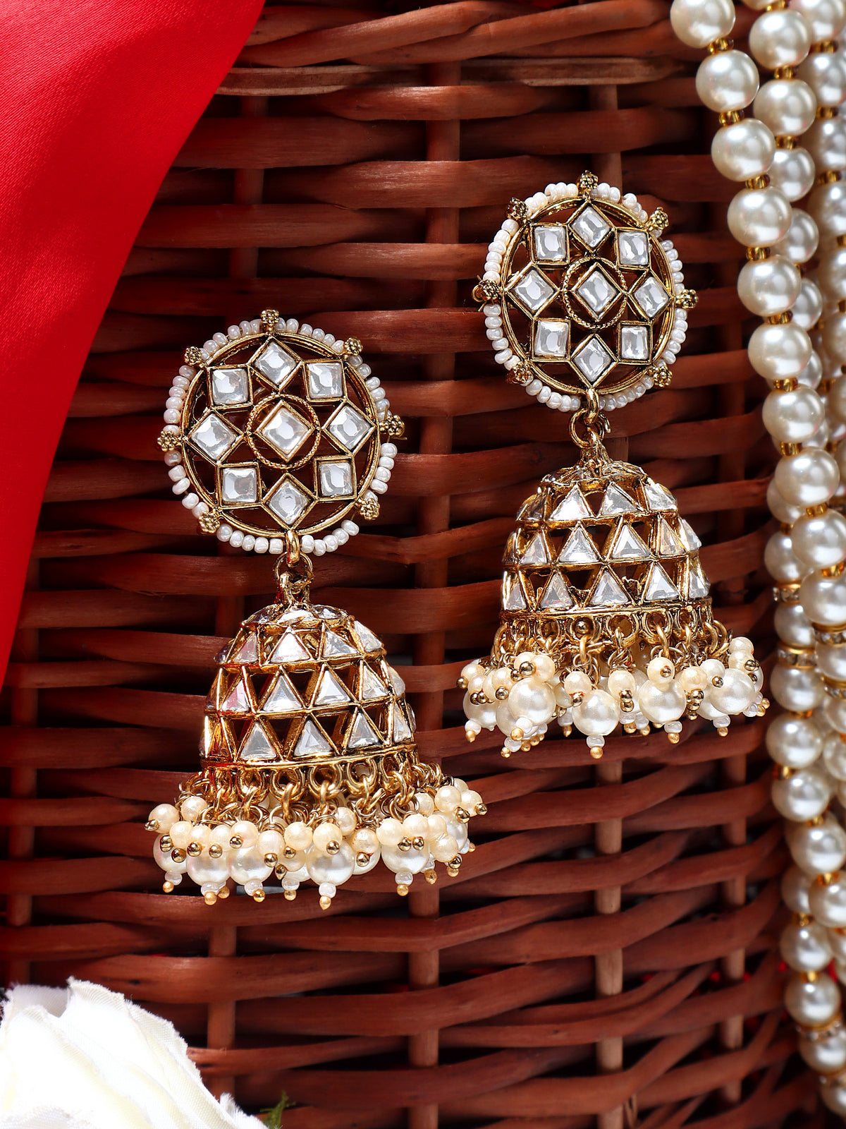 Regal Gold-Plated Moon-Cut Kundan & Faux-Pearl Jhumka Earrings