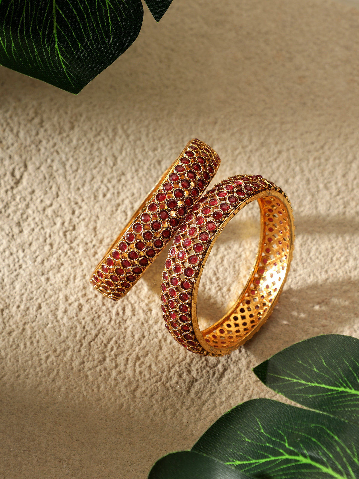 Classic Gold-Plated Ruby Stone Jaali Bangles (Set of 2)