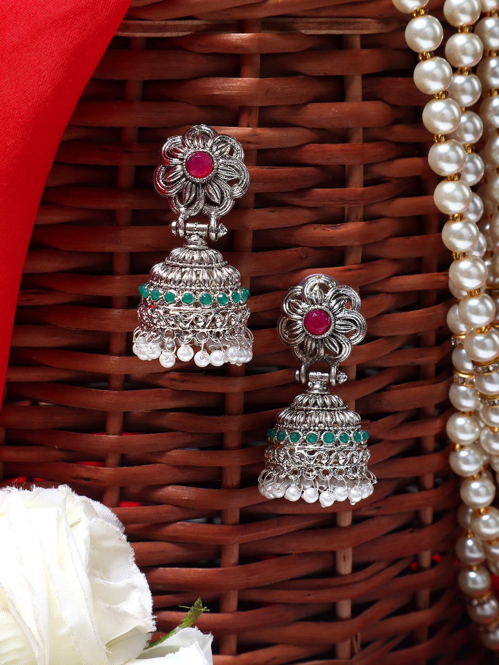 Chic Silver-Plated Oxidized Red & Green Jhumka Earrings