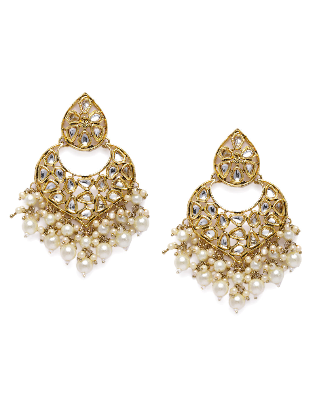 Regal Gold-Plated Kundan Crescent-Shaped Chandbali Earrings