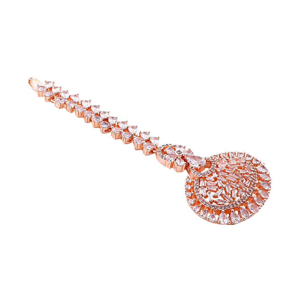 Glamorous Rose Gold-Plated American Diamond Oval Medallion Maang Tikka