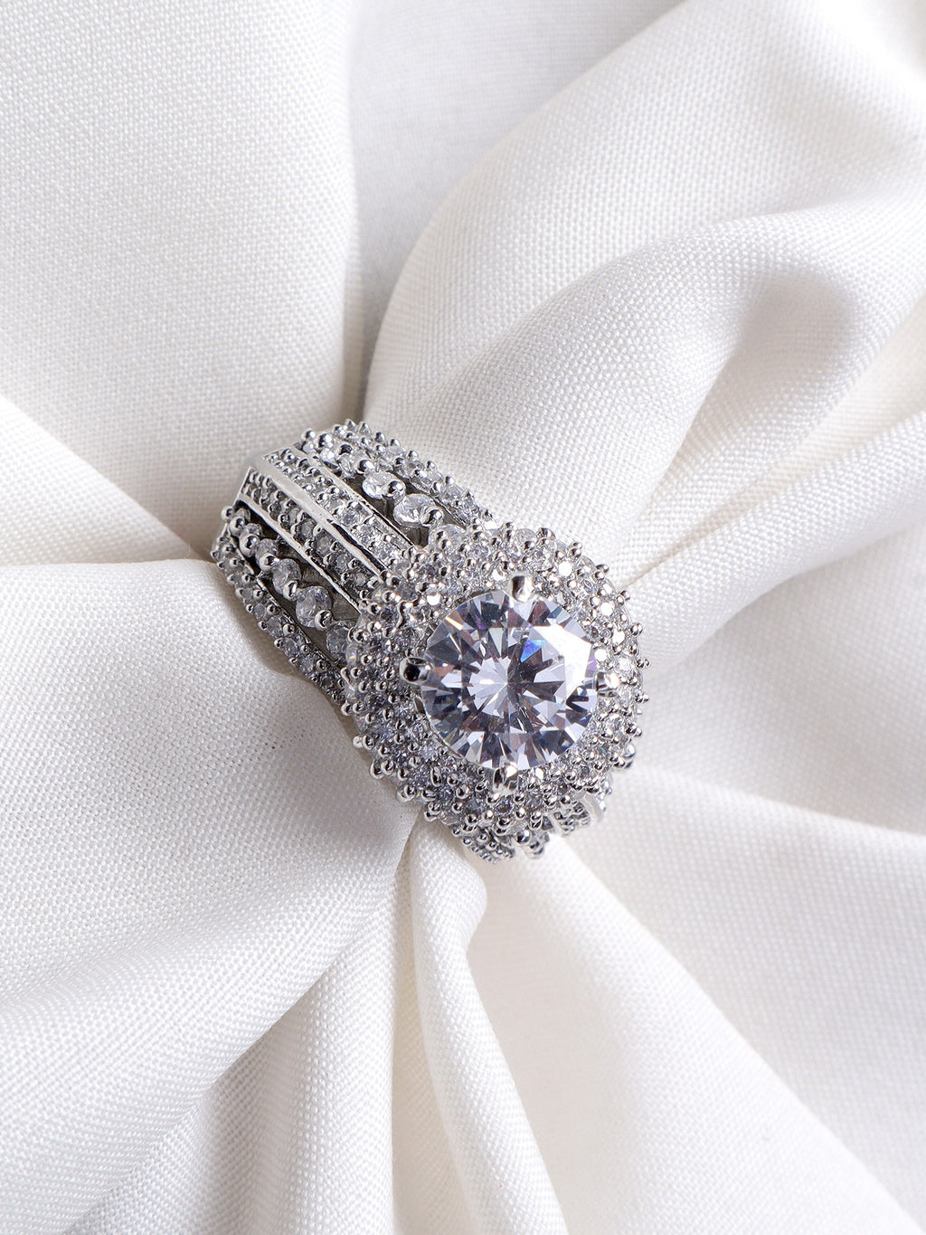 Glamorous Silver-Plated Faux Cubic Zirconia Intricate Statement Ring