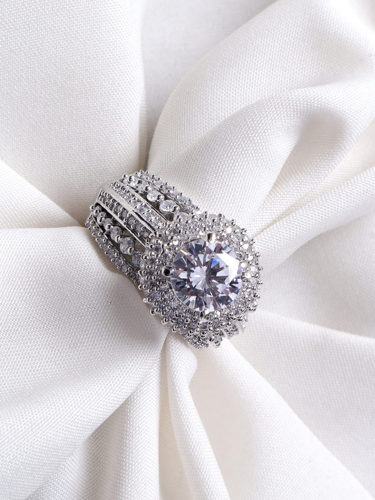 Glamorous Silver-Plated Faux Cubic Zirconia Intricate Statement Ring