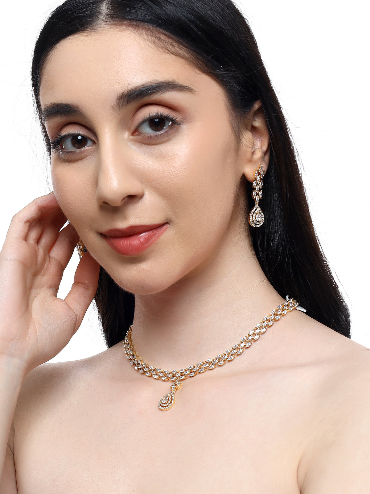 Glamorous Gold-Plated American Diamond-Studded Intricate Jewellery Set