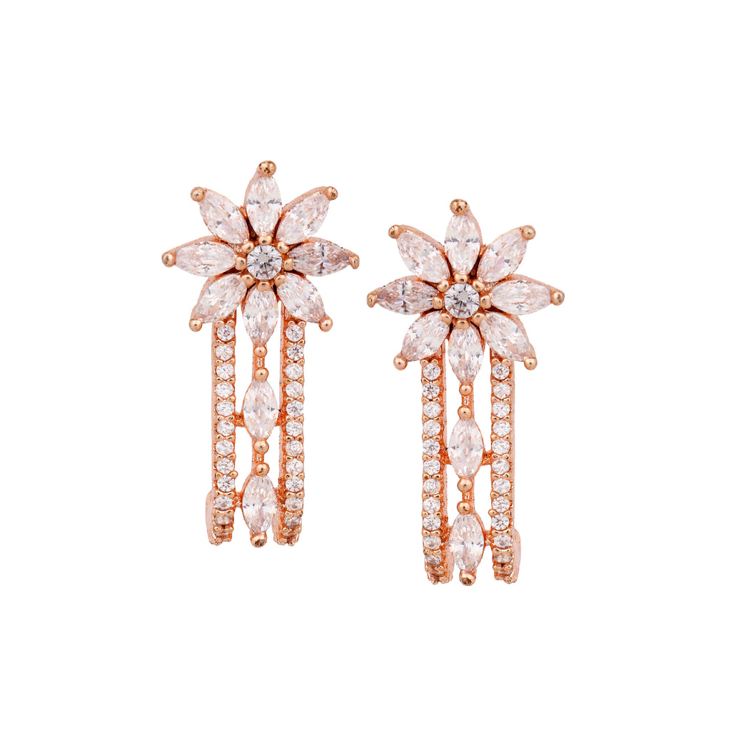 Glamorous Rose Gold-Plated American Diamond Contemporary Leaf Stud Earrings