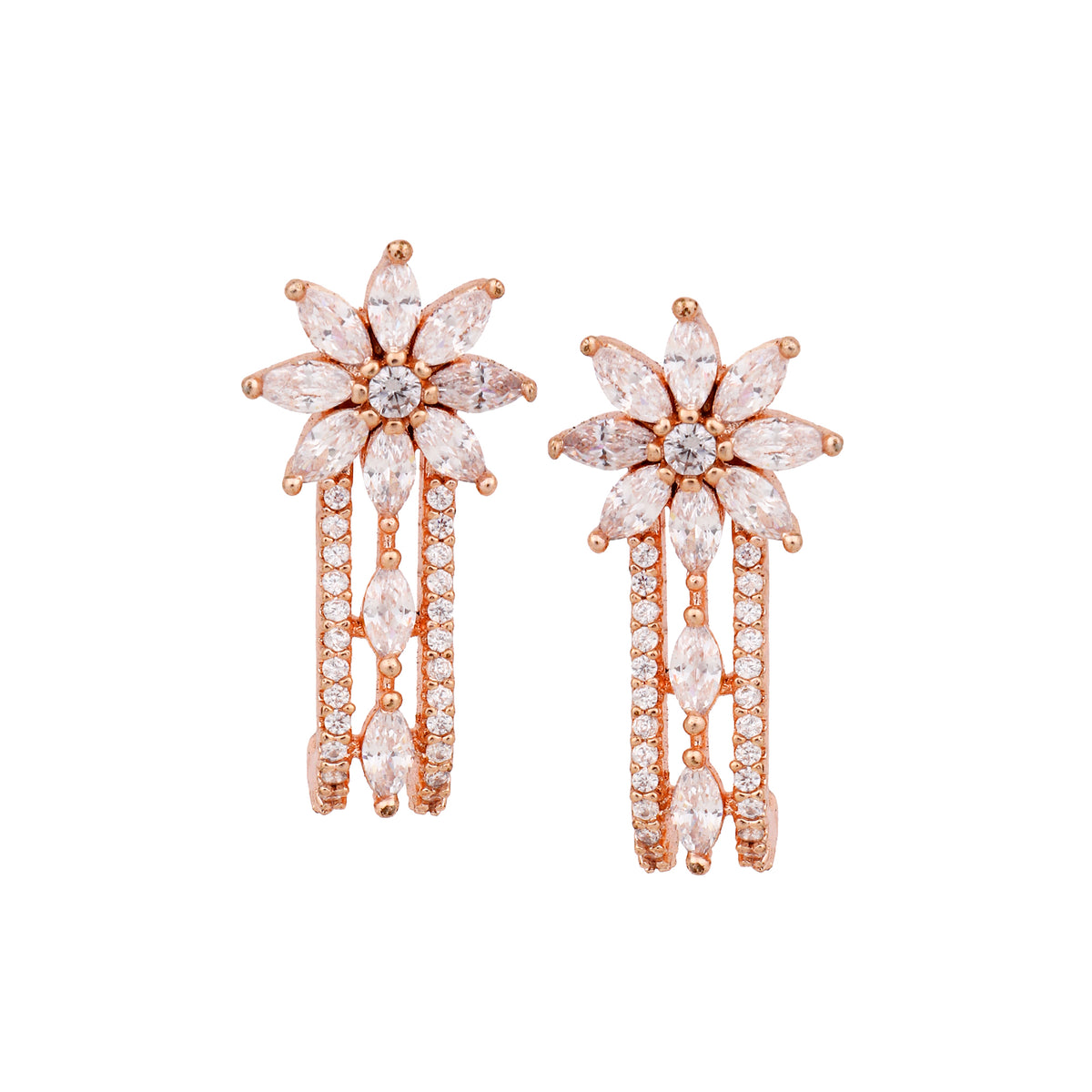 Glamorous Rose Gold-Plated American Diamond Contemporary Leaf Stud Earrings
