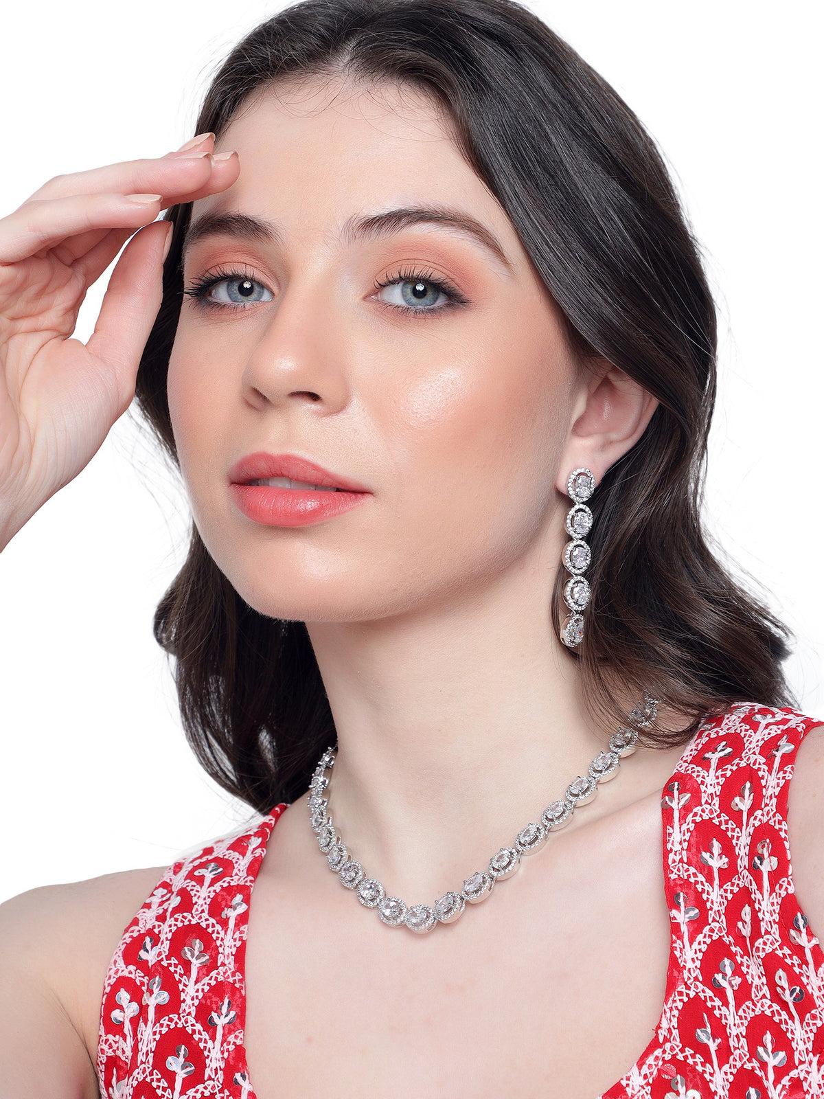 Glamorous Silver-Plated American Diamond-Studded Intricate Jewellery Set