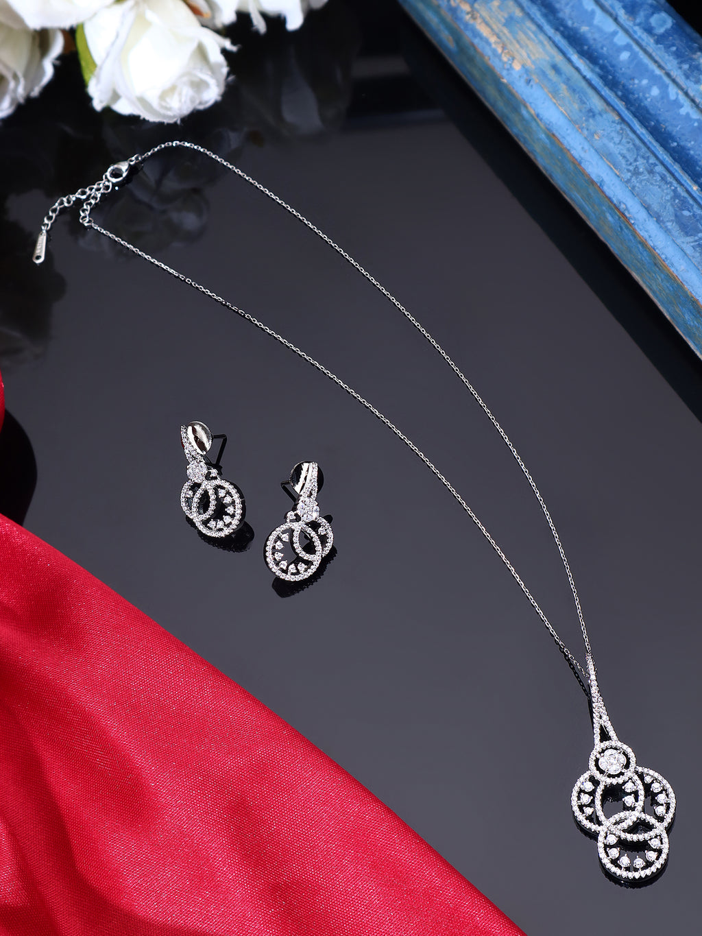 Glamorous Silver-Plated American Diamond CZ Interlocking Loop Pendant Set