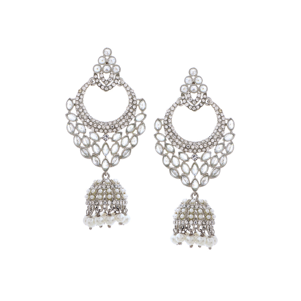 Elegant Silver-Plated Geometric American Diamond Drop Jhumkas