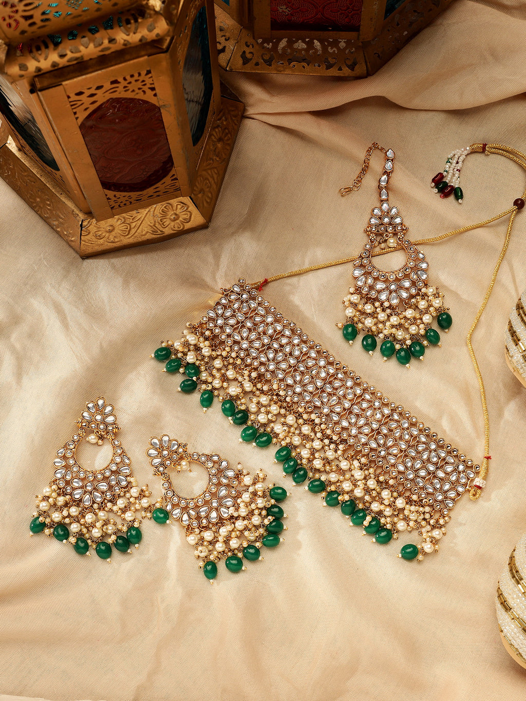 Regal Gold-Plated Kundan-Studded & Pearl Beaded Jewelry Set