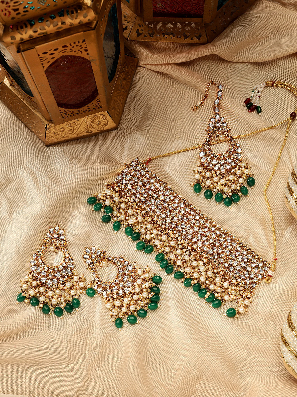 Regal Gold-Plated Kundan-Studded & Pearl Beaded Jewelry Set