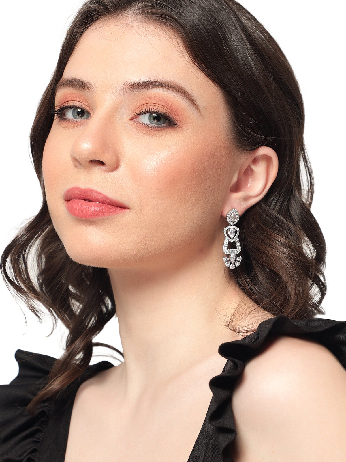 Glamorous Silver-Plated American Diamond Contemporary Drop Earrings