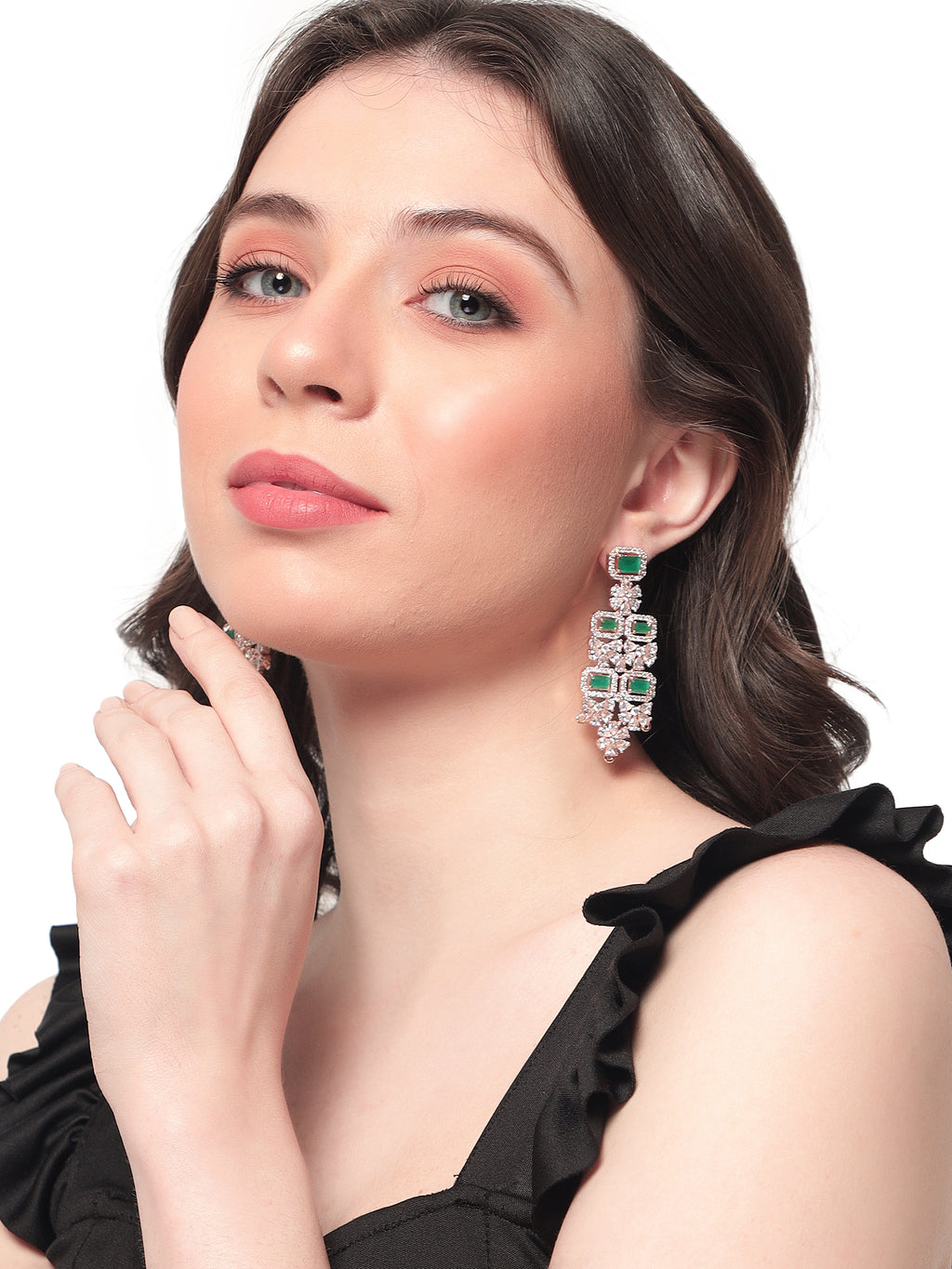Glamorous Rose Gold-Plated Green & CZ Marquise Drop Earrings