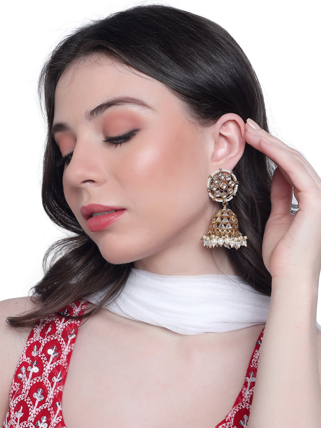 Regal Gold-Plated Moon-Cut Kundan & Faux-Pearl Jhumka Earrings