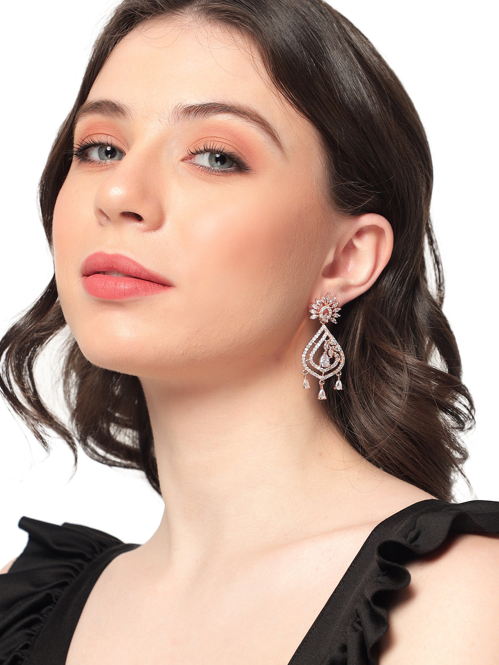 Rose Gold-Plated Intricate American Diamond Geometric Drop Earrings