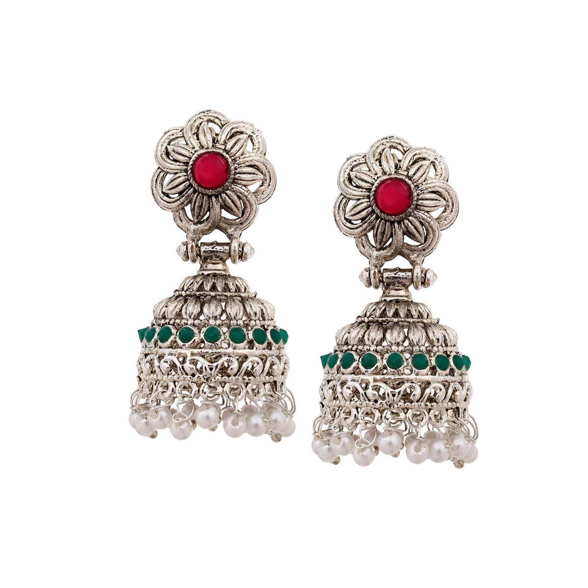 Chic Silver-Plated Oxidized Red & Green Jhumka Earrings