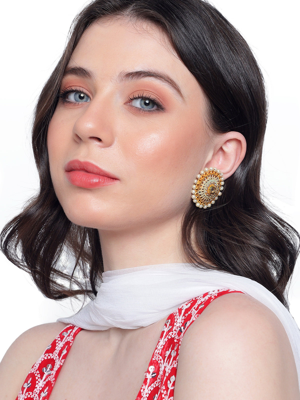 Regal Gold-Plated Kundan & Faux-Pearl Beaded Classic Stud Earrings