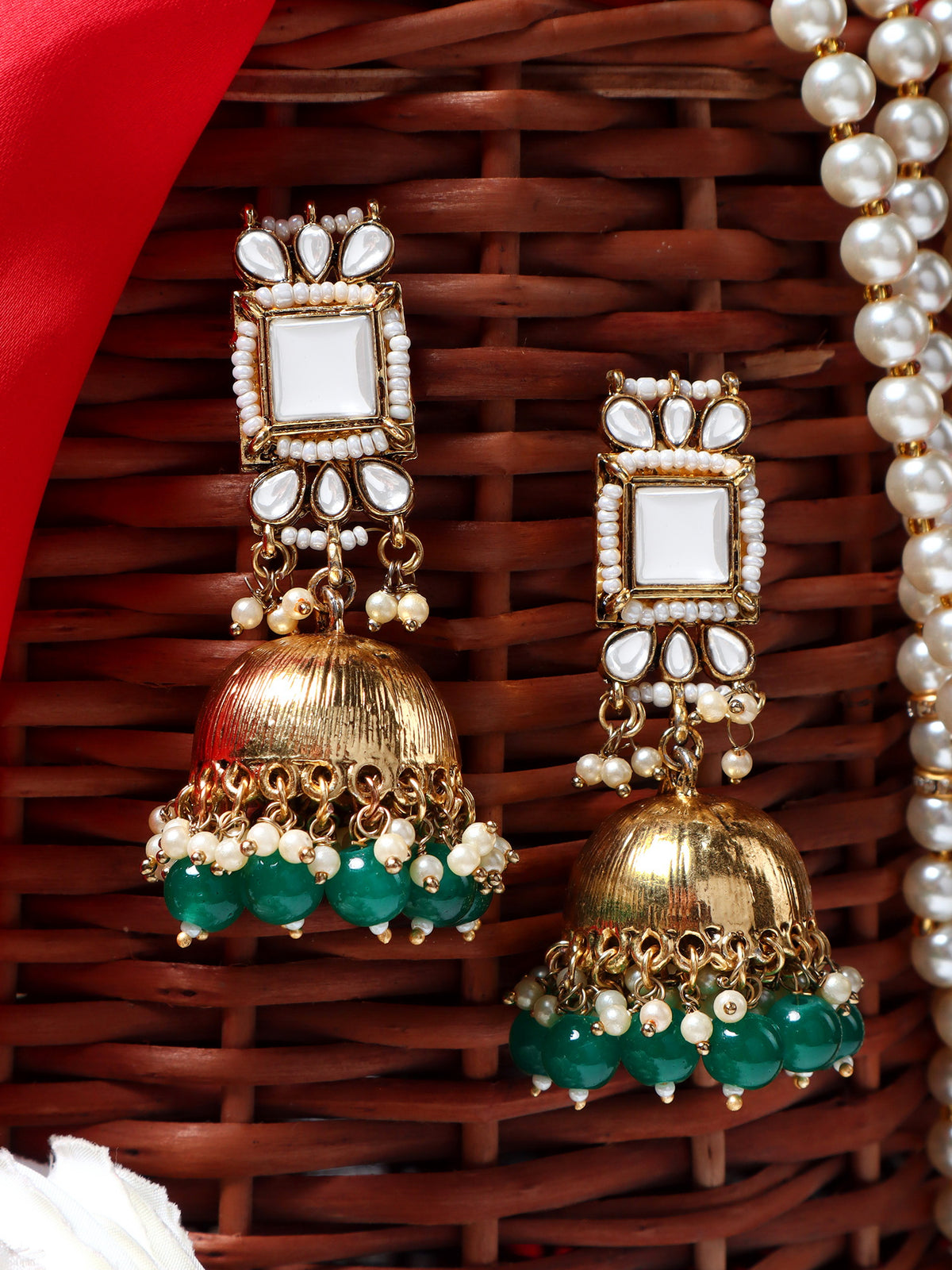 Stunning Gold-Plated Kundan & Emerald-Green Beaded Jhumka Earrings