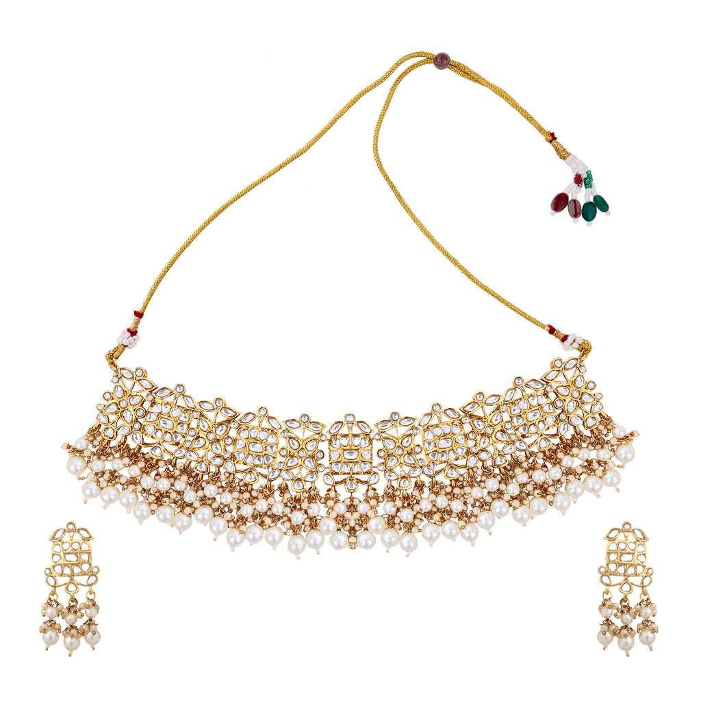 Regal Gold-Plated Kundan-Studded & Pearls Beaded Choker Jewellery Set