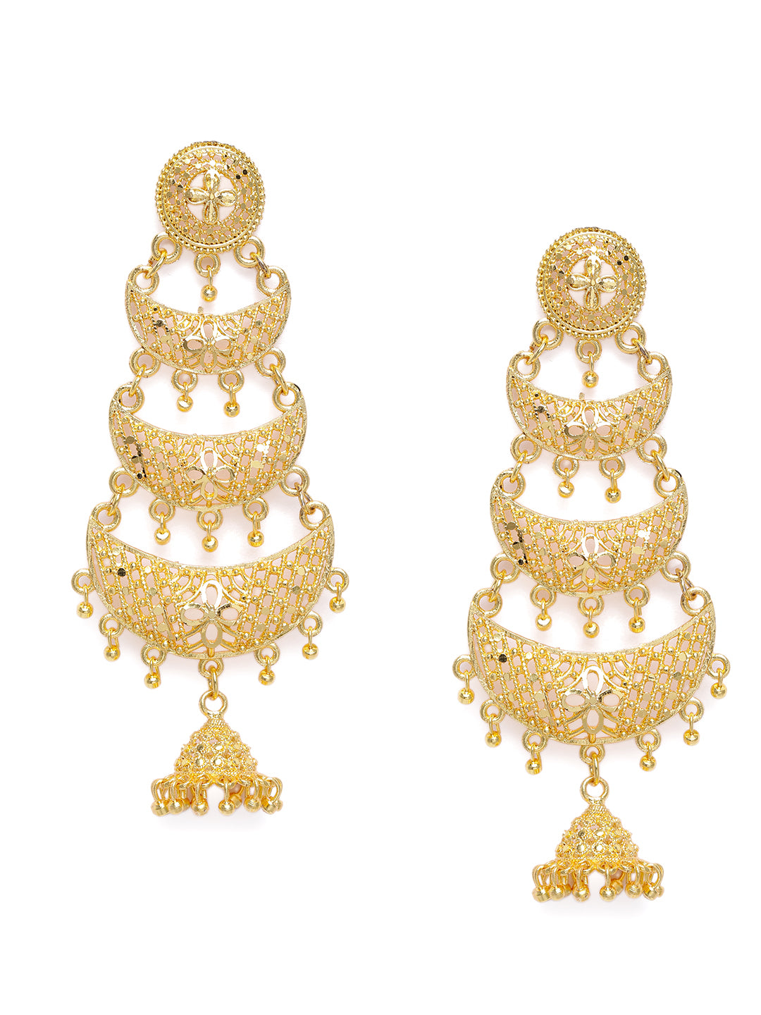 Regal Gold-Plated Multi-Tiered Crescent Chandbali Jhumka Earrings