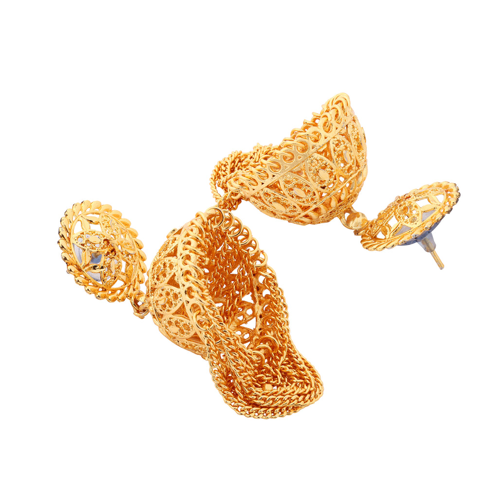 Grand Gold-Plated Contemporary Multi-Tiered Jhumka Earrings